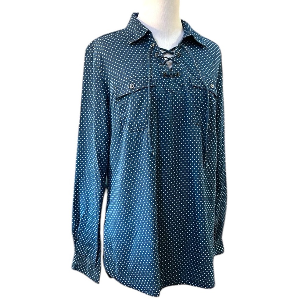 RUFF HEWN LONG SLEEVE POLKA DOT PRINT FRONT TIED SHIRT BLUE WHITE SIZE MEDIUM